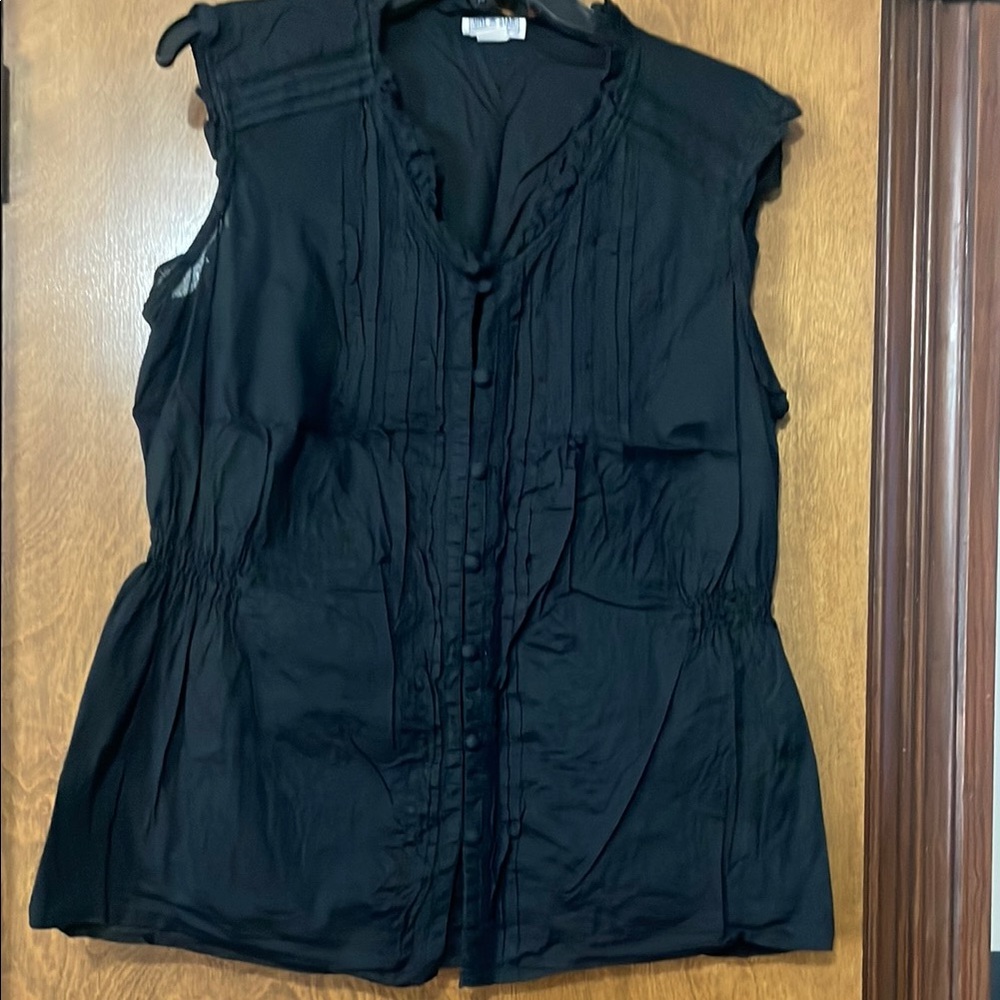 Black Buttoned Blouse with Bib Collar and Pleats